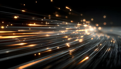high-speed data transfer lines in space, glowing light trails against a dark background, representing fast digital connections and technology Generative AI