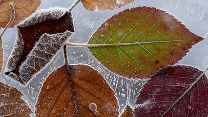 Frozen leaves on ice with frost and water droplets