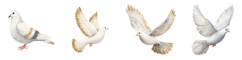 Obraz premium Dove Collection: White Pigeons Flying on White Background