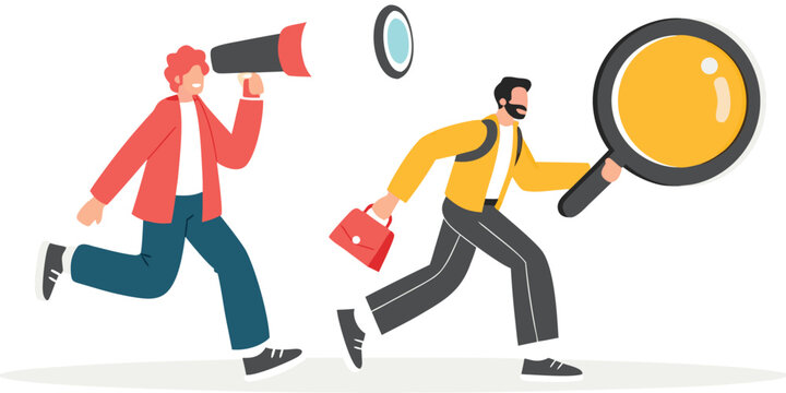 Find business information people. people holding magnifying glasses on a search box. investment opportunity concept. Job hiring and online recruitment. Human resources. vector illustration flat.