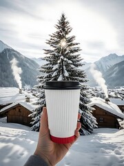 Hand holding white and red disposable coffee cup in snowy mountain village with pine tree