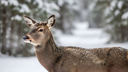 Deer in snowy forest with snowflakes on fur looking alert