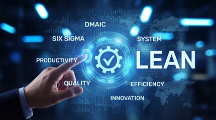 Businessman hand touching lean manufacturing digital interface for efficiency