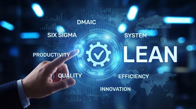 Businessman hand touching lean manufacturing digital interface for efficiency - Powered by Adobe