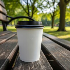Paper coffee cup with black lid on wooden park bench outdoors