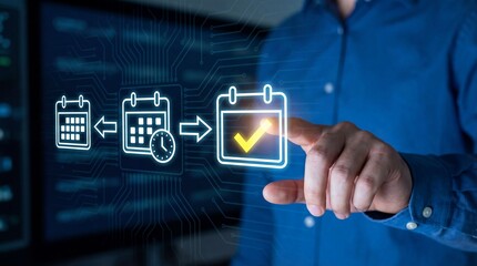 A person interacts with a futuristic digital calendar interface showing task com