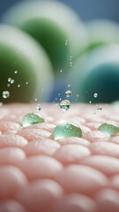 Vibrant clear refreshing water droplets actively bounce and gently rest on a subtly textured intricate pink hydrophobic textile surface captured in extreme macro detail against a soft blurred