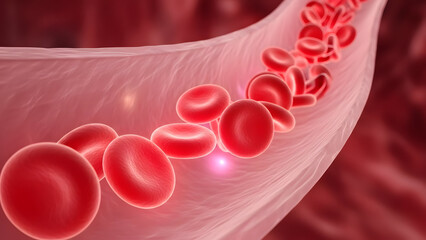 Vibrant three dimensional rendering of healthy red blood cells dynamically flowing through a translucent human blood vessel in a microscopic view, illustrating vital circulatory system function.