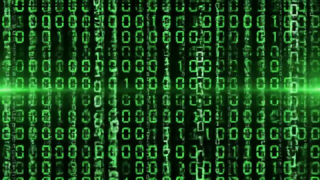 Abstract digital background with green binary code cascading down the screen.
