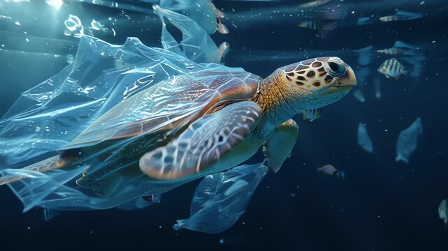 A sea turtle swimming underwater, tragically entangled in numerous discarded plastic bags, highlighting ocean pollution.