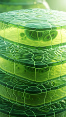 Vibrantly green translucent plant cells showcasing intricate internal chloroplast structures are meticulously stacked vertically in a detailed scientific microscopic biological illustration
