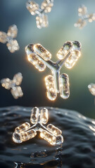 Translucent glowing Y-shaped immunoglobulin antibody molecules are actively floating and attaching to a dark textured cellular surface in a detailed microscopic immune system illustration.