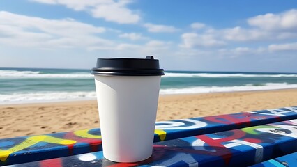White coffee cup on graffiti bench by ocean waves and blue sky with clouds