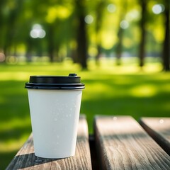 White paper coffee cup on wooden table in green park