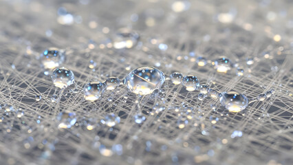Glistening crystal clear water droplets perfectly bead up on a pristine white intricately woven fibrous material surface, highlighting impressive hydrophobic properties and microscopic textural