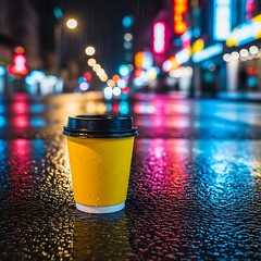 Yellow coffee cup on wet street at night with colorful neon lights