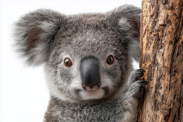 Fototapeta premium Cute koala standing and looking forward with soft gray fur and round ears. Adorable Australian marsupial animal with calm expression, clean studio lighting, isolated on white background. 