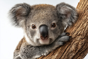 Cute koala standing and looking forward with soft gray fur and round ears. Adorable Australian marsupial animal with calm expression, clean studio lighting, isolated on white background.
