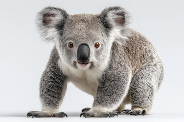 Cute koala standing and looking forward with soft gray fur and round ears. Adorable Australian marsupial animal with calm expression, clean studio lighting, isolated on white background.

