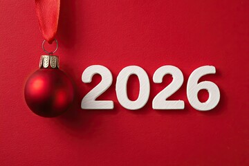A red Christmas ornament hanging near the number 2026 set against a red background