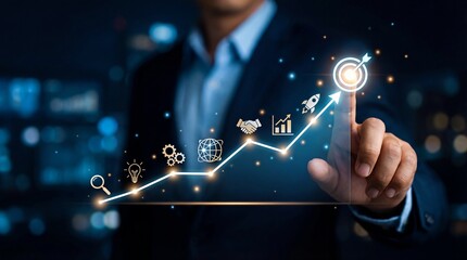 Businessman touching glowing digital growth chart with success target and busine