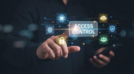 Hand touching glowing virtual button for secure digital access control technolog