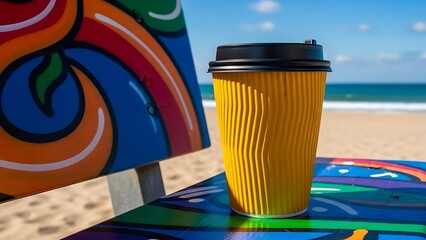 Yellow disposable coffee cup on colorful table at sunny beach with ocean view