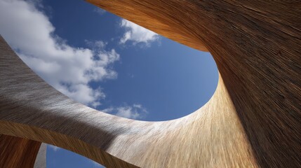 Abstract Architectural Design with Curved Wood Structures Against a Clear Blue Sky in Daylight