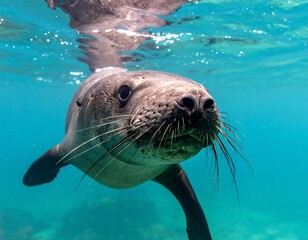 Underwater view of a sea lion swimming towards the camera