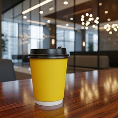 Yellow disposable coffee cup on wooden table in modern office interior