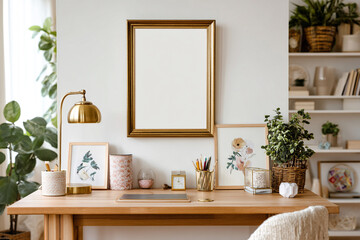 Fototapeta premium aesthetically pleasing desk with gold frame art and plants