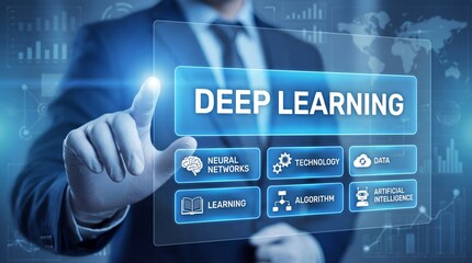 Businessman hand touching deep learning virtual screen in futuristic digital int