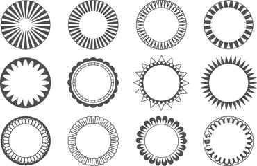 Set of black circular geometric frames and sunburst border elements on white background for decorative graphic design, vintage labels, and creative certificate ornaments