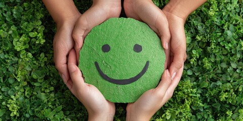 Two pairs of hands cradle a textured green smiley face over a bed of vibrant green leaves