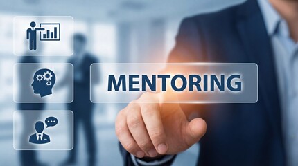 Business professional touches virtual screen with mentoring concept and related 