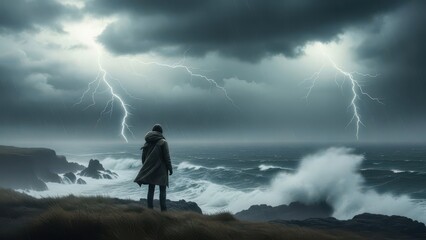 Lone figure facing stormy seas under ominous skies