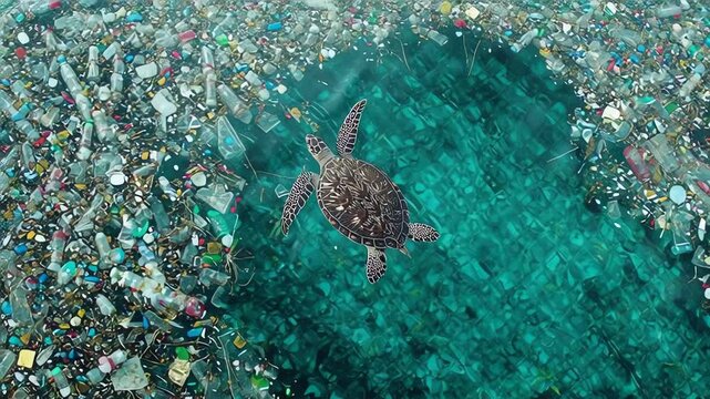 A sea turtle swims through a vast expanse of ocean plastic pollution, highlighting environmental damage.