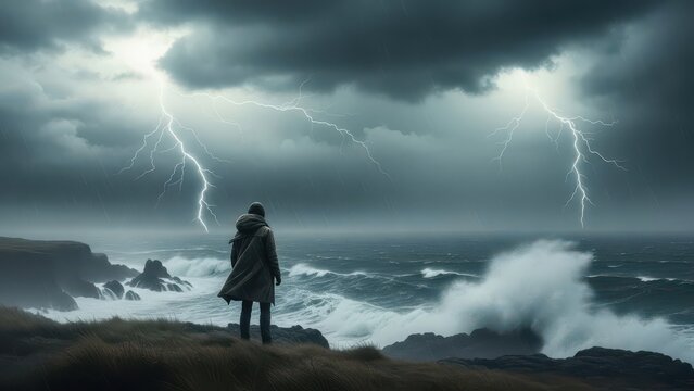 Lone figure facing stormy seas under ominous skies