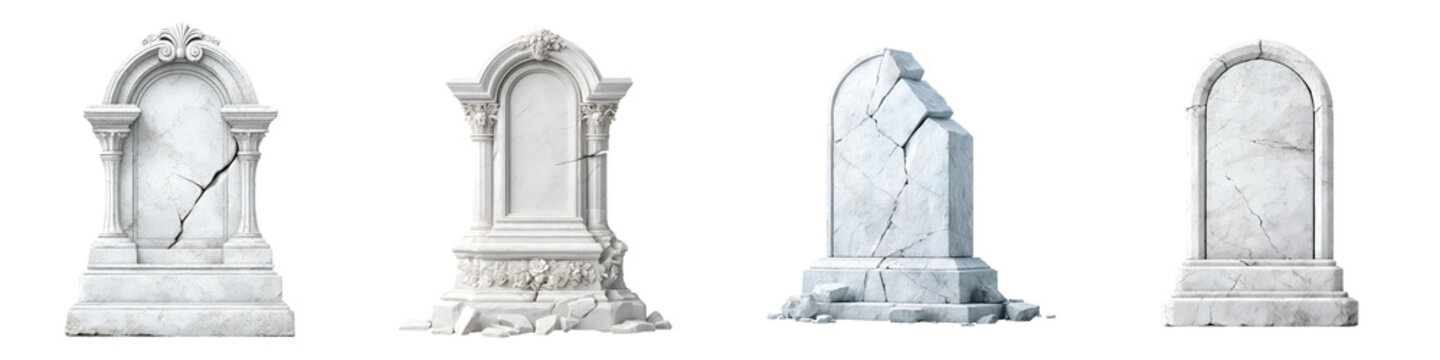Set of Old Marble Tombstones Isolated on White Background