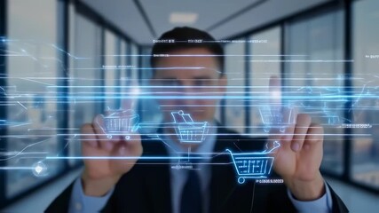 A person in a suit interacts with a digital interface with illuminated lines, in a blurred office setting - Powered by Adobe