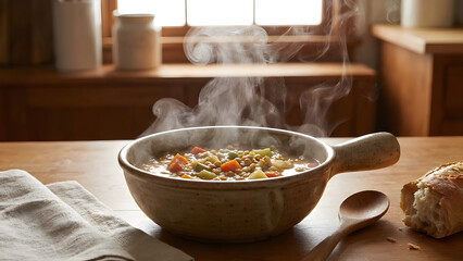 Rustic Bowl Steaming Hot Vegetable Soup Dinner Lunch Meal Cozy Kitchen