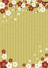 梅と竹垣、金、背景イラスト、かわいい、シンプル、縦