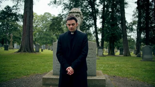 A man in a clergy outfit prays in a graveyard. A statue and tombstones are behind him