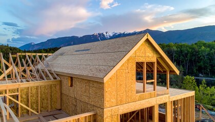 Unfinished construction of a house with a mountainous landscape background