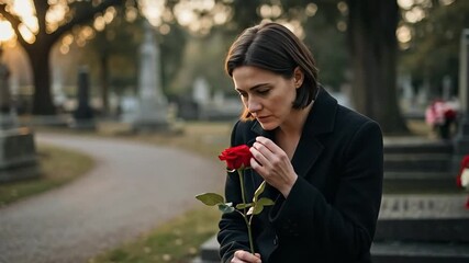 Melancholy Woman with Rose in Cemetery During Sunset: Emotional Reflection, Grief, and Remembrance - Powered by Adobe