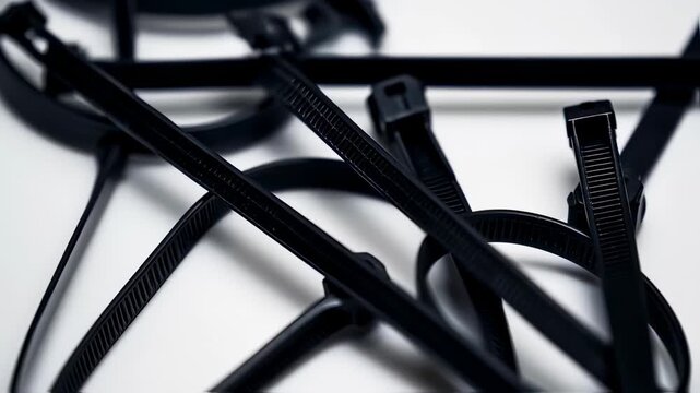 Close-up of intertwined black plastic fasteners on a white surface, creating a stark contrast