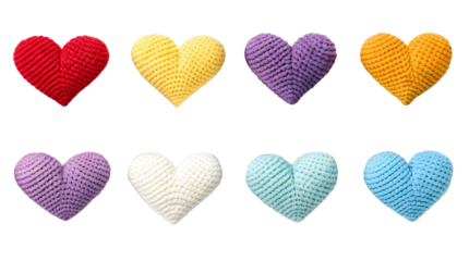 Minimal colorful knitted heart icon set emphasizing handcrafted texture and playful Valentine’s Day design