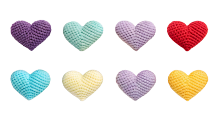 Minimal colorful knitted heart icon set emphasizing handcrafted texture and playful Valentine’s Day design