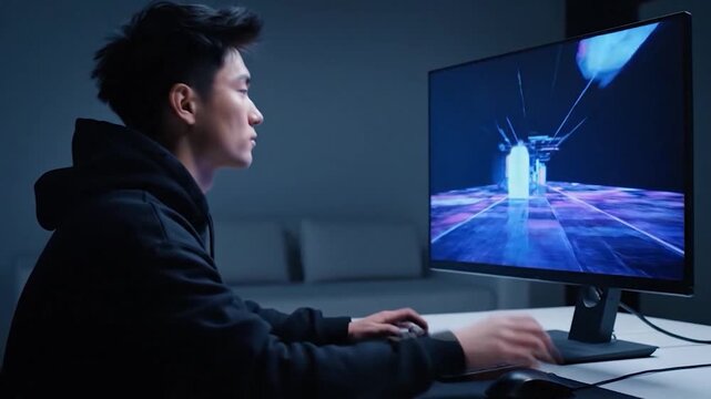 Intense Gaming Session - Asian Gamer Immersed in Virtual World.