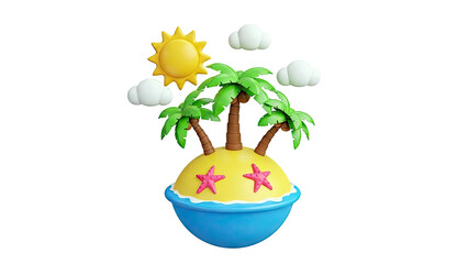 3D Cartoon Tropical Island with Palm Trees, Sun, and Starfish